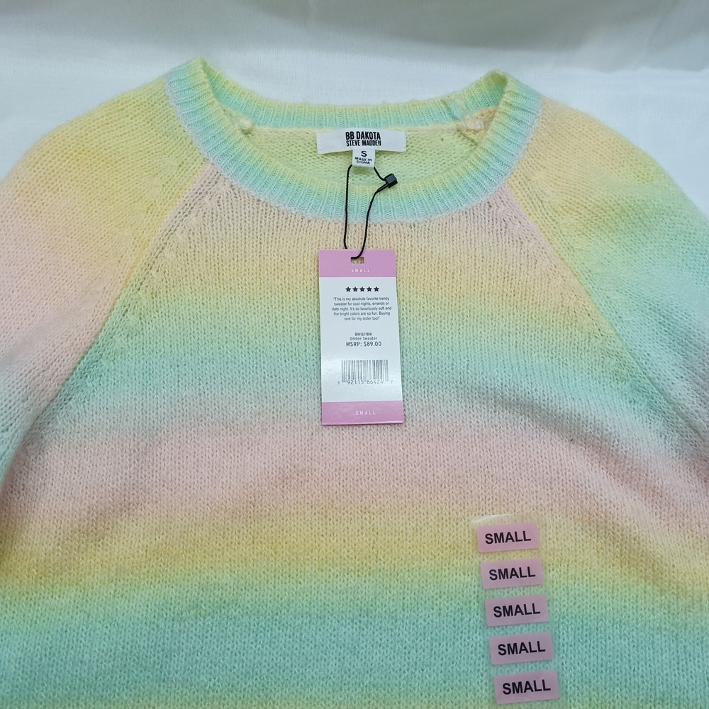 BB Dakota Steve Madden Ombre Sweater Pastel Rainbow Knit Pullover Womens S NWT